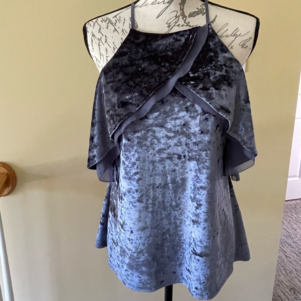 SHORT-SLEEVE COLD-SHOULDER VELVET FLOUNCE TOP WHBM